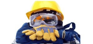 Hard hat, Goggles, Gloves and coveralls