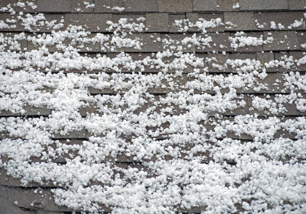Close-up of an asphalt roof showing hailstones clumped in dents, indicating impact damage from a hailstorm.